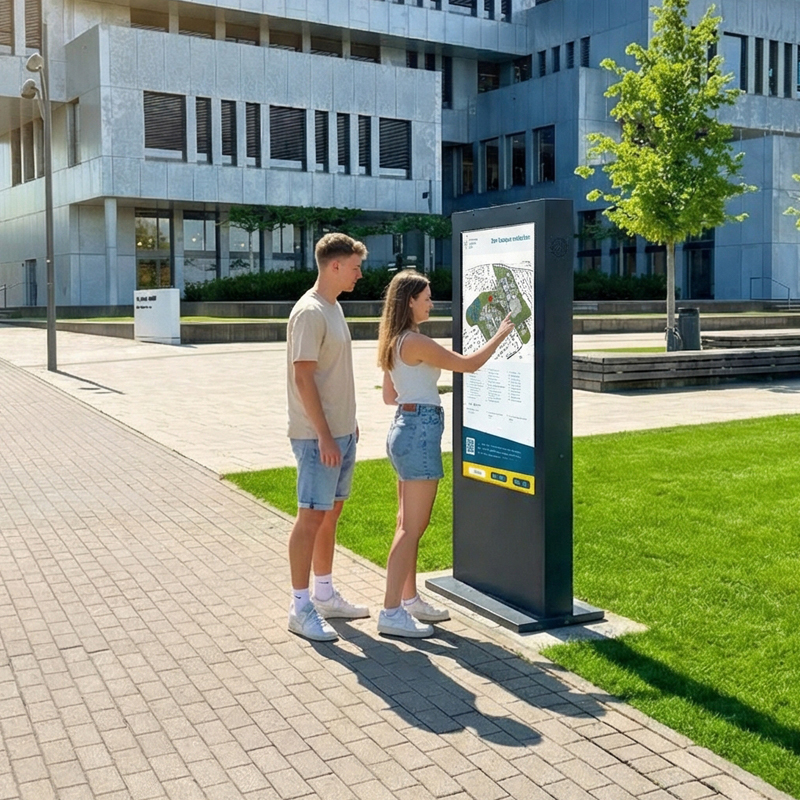 Studierende nutzen interaktive SalesTV Touchstele zur Campusnavigation